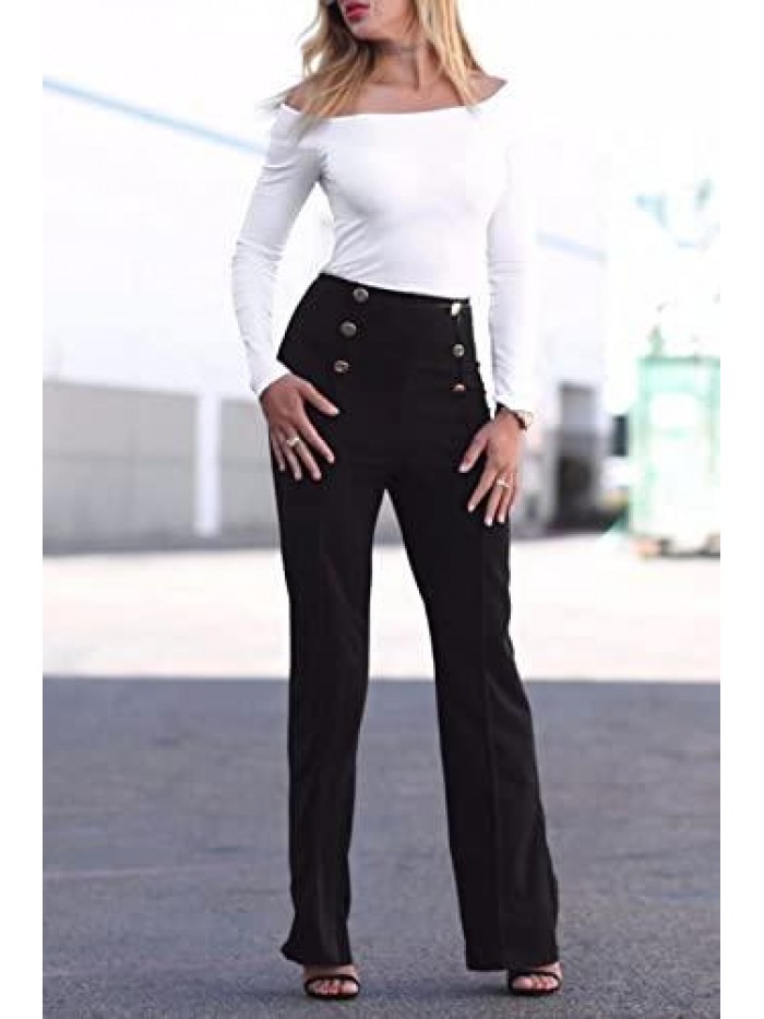 Stretchy High Waisted Wide Leg Button-Down Pants Sailor Bell Flare Pants 