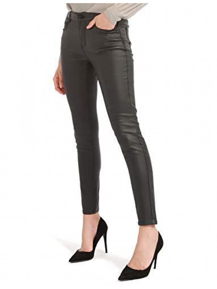 Women's Faux Leather Pants, Skinny Stretch Pants with Pockets, Work Casual Pants for Women 