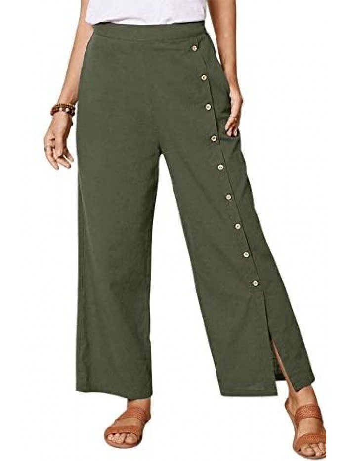 Casual Linen Wide Leg Pants Elastic Waist Split Hem Capri Trousers with Pockets 