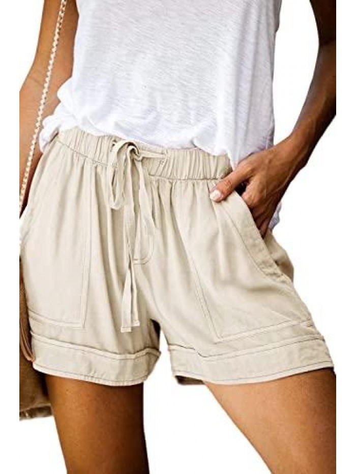 Women Comfy Drawstring Casual Elastic Waist Cotton Shorts with Pockets (S-2XL) 