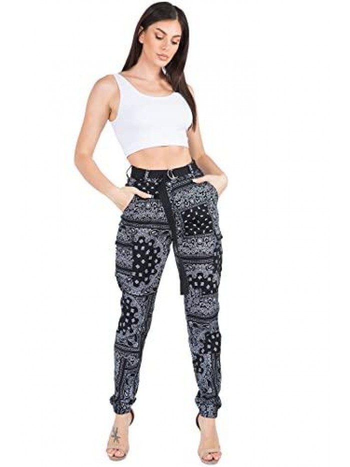 Women's High Waist Slim Fit Jogger Cargo Camo Pants for Women with Matching Belt 