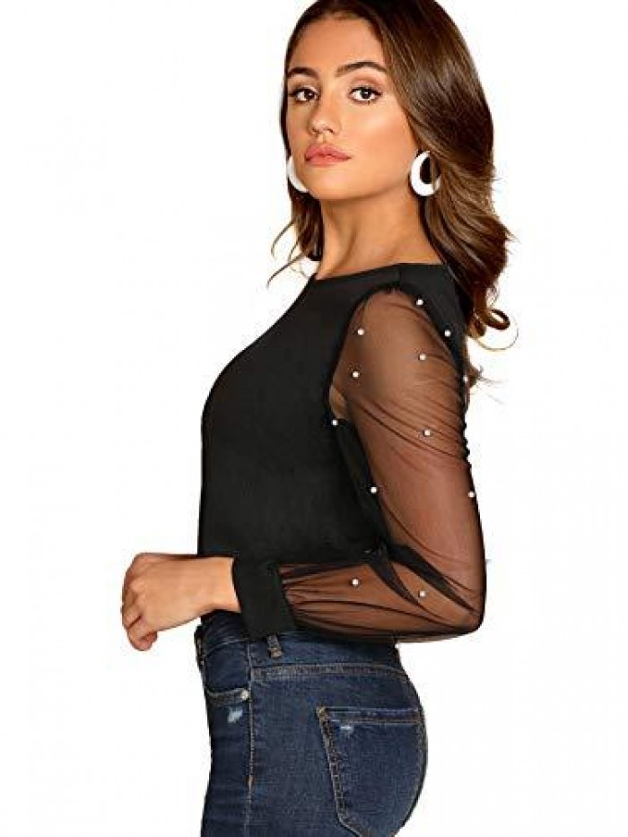 Women's Pearl Sheer Mesh Long Sleeve Tops Blouse 