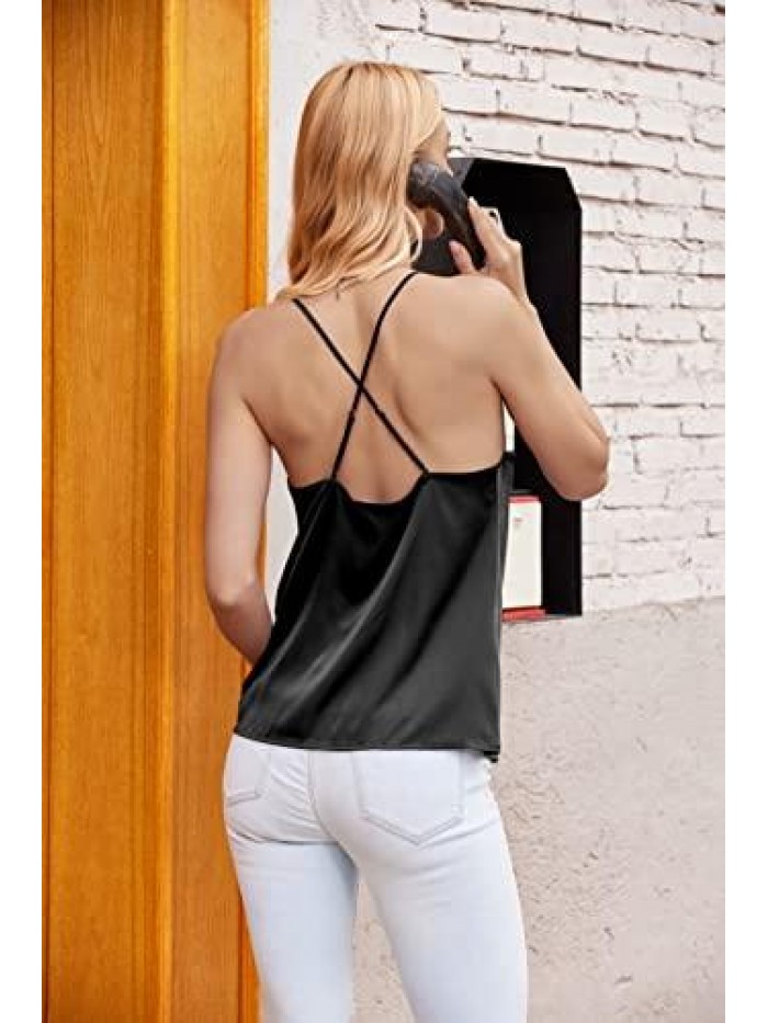 Silk Camisole Tops for Women Cowl Neck Camis Satin Tank Top Sexy Spaghetti Strap Sleeveless Loose Blouse 