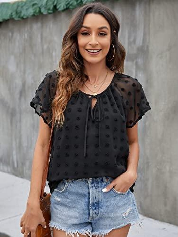 Jelly Womens White Chiffon Blouses V Neck Short Sleeve Shirts Summer Casual Dressy Polka Dot Tops 