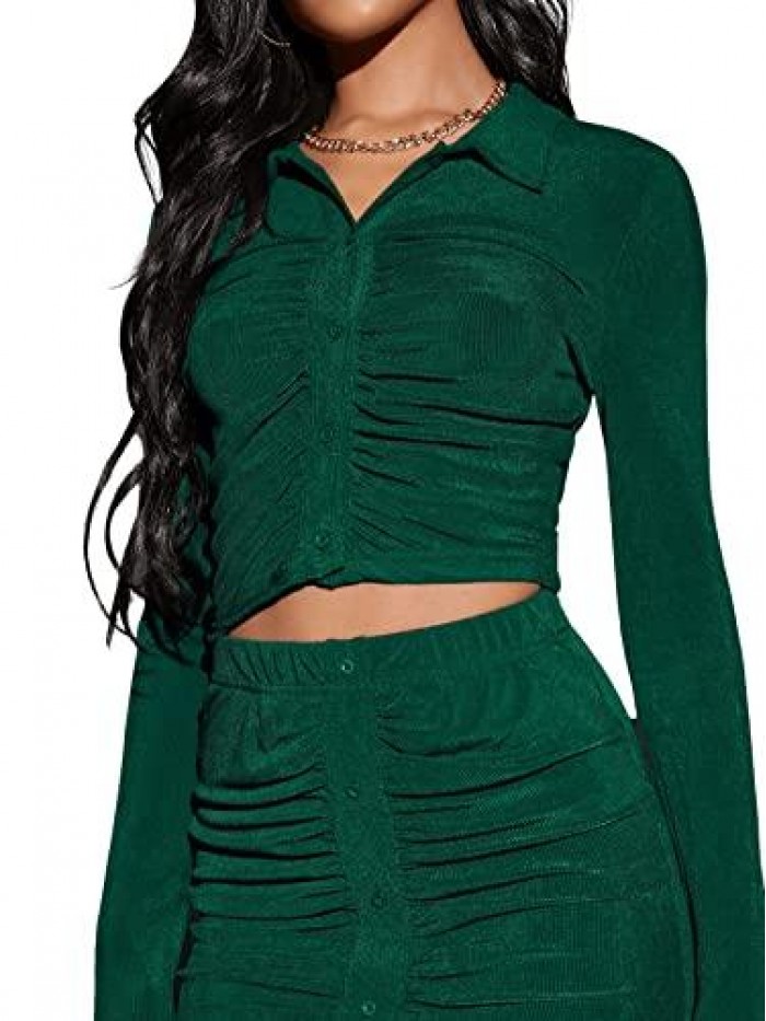 Women's 2 Piece Outfits Button Down Long Sleeve Ruched Crop Tee with Bodycon Mini Skirt Set 