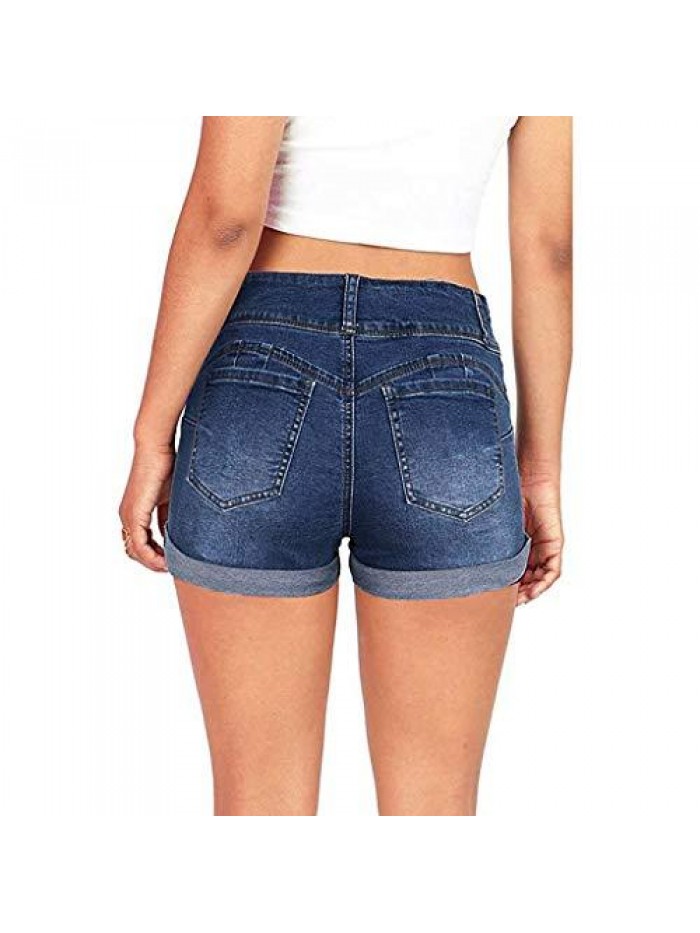 Denim Shorts Summer Mid Waist Rolled Hem Distressed Short Jeans for Women 