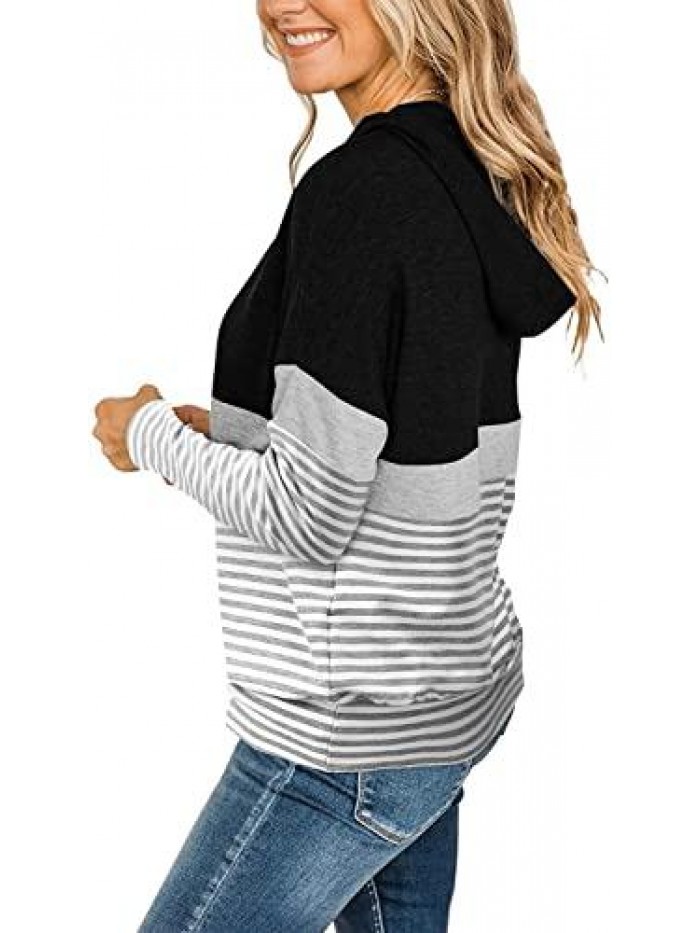 Color Block Hoodies Fall Top Long Sleeve Shirts Casual Pullover Sweatshirts 