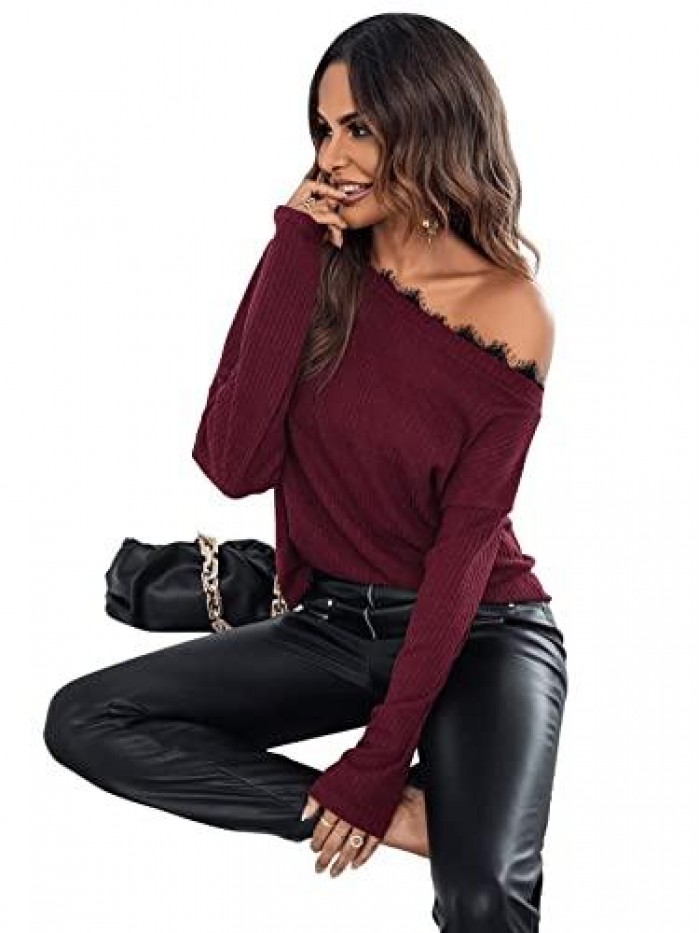 Women's Off Shoulder Knit Jumper Long Sleeve Pullover Loose T Shirt Sweater Tops 