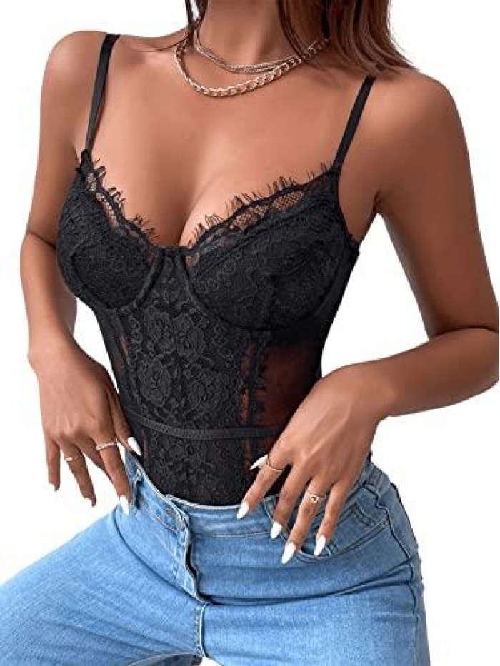 Women's Sheer Mesh Sleeveless Floral Lace Spaghetti Strap Cami Bodysuit Tops 