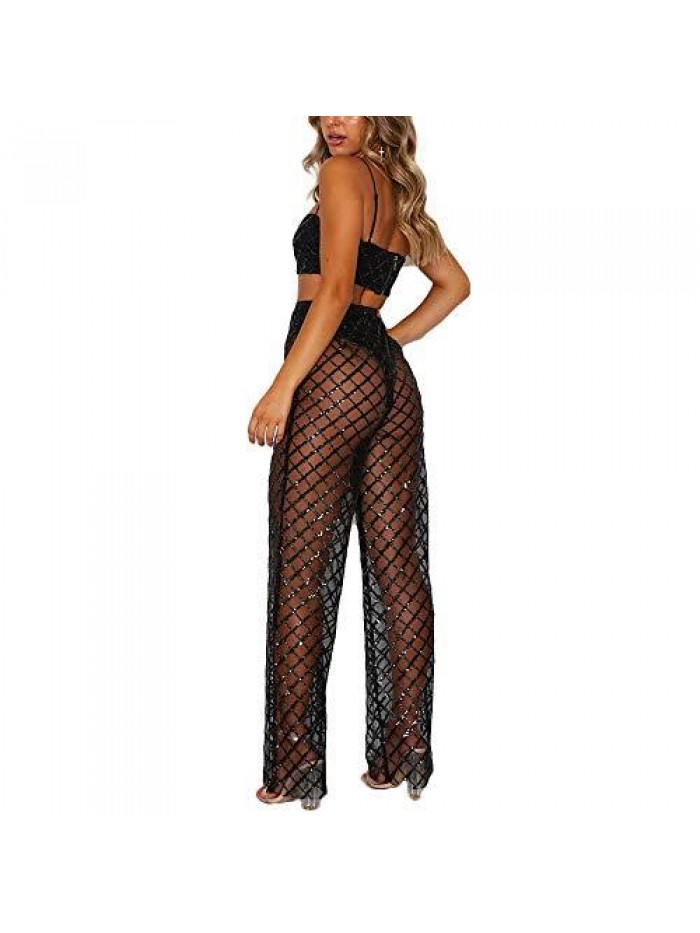 Sexy See Through Fishnet Pants High Waist Sheer Mesh Long Pant Sequins Wide Leg Trousers Sparkly Rave Club wear 