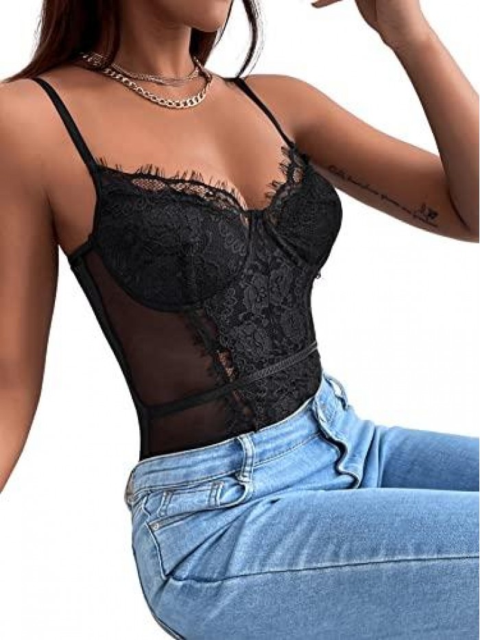 Women's Sheer Mesh Sleeveless Floral Lace Spaghetti Strap Cami Bodysuit Tops 