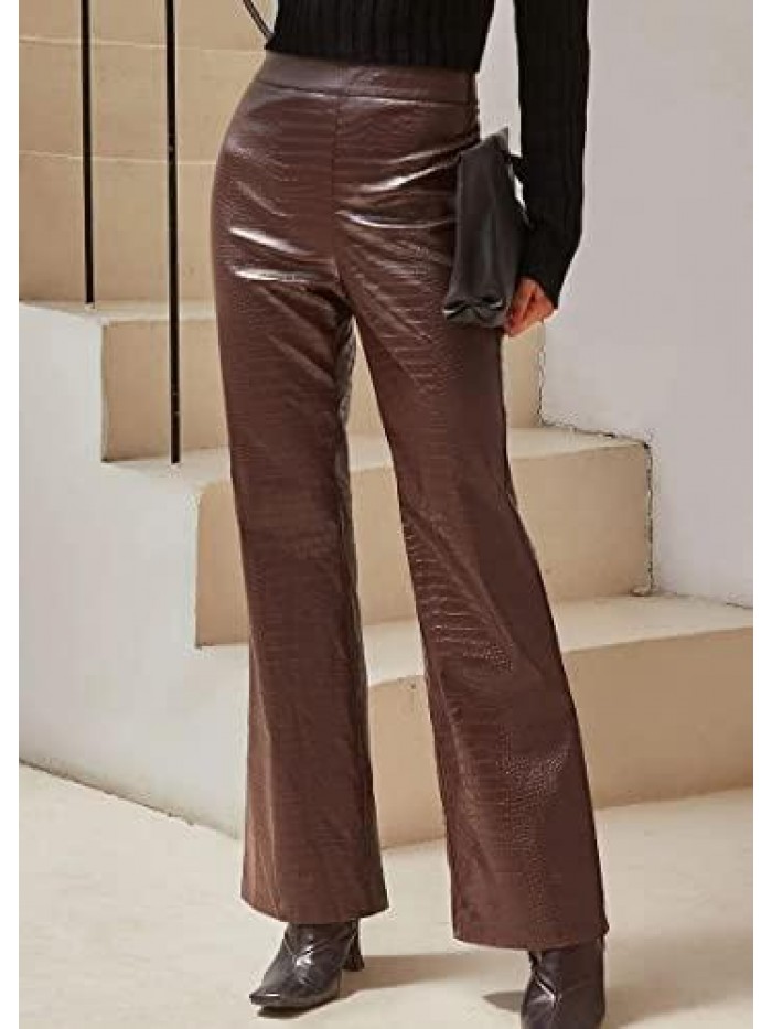 Crocodile Effect Straight Leg PU Leather Trousers High Waist Faux Leather Pants 