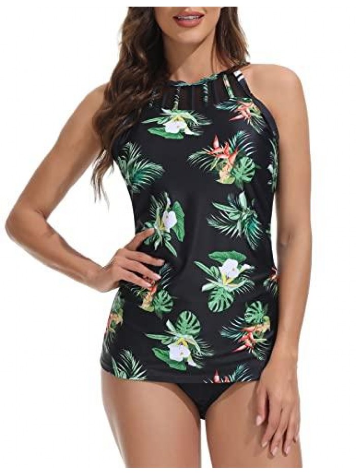 Women's Tankini Swimsuits High Neck Swimwear Top Ruched Tummy Control Floral Print Bathing Suit 