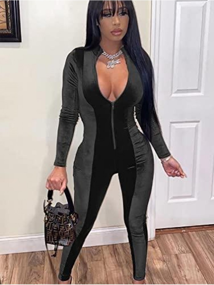 Women's Sexy Velvet Deep V Neck Long Sleeve High Waist Club Party Jumpsuits 