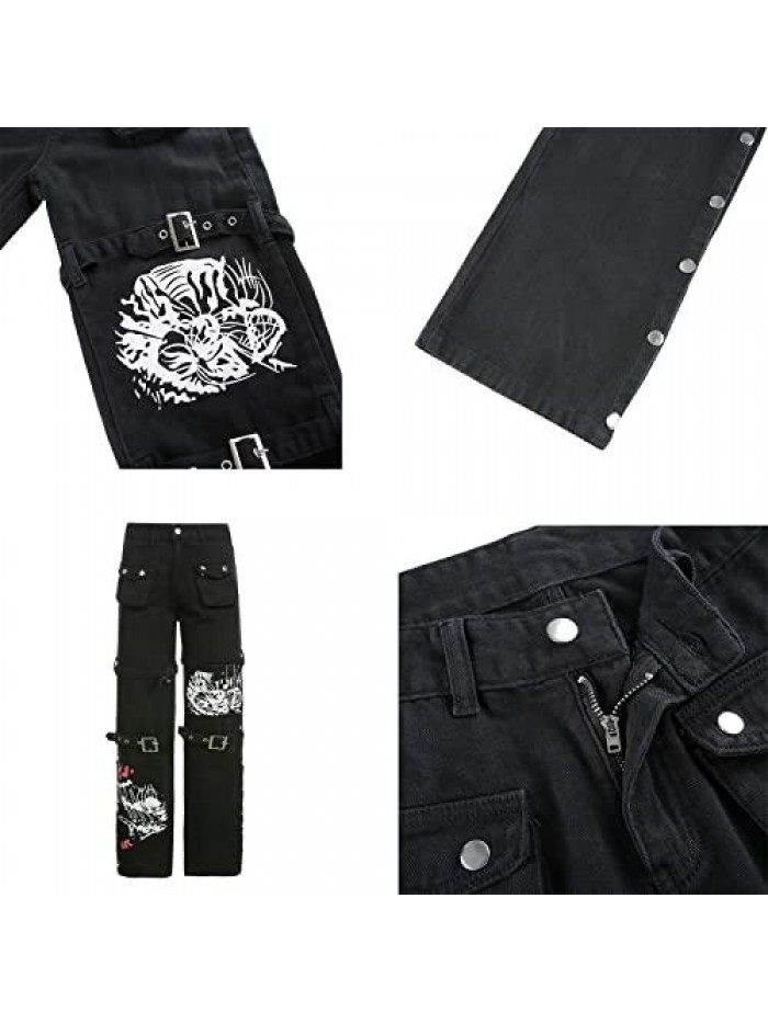 Women Harajuku Goth Pants Wide Leg Low Rise Baggy Pants Grunge Gothic Cargo Pants with Chain Streetwear 