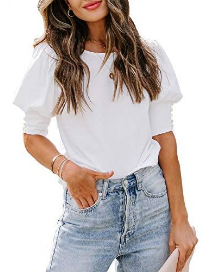 Women's Casual Tops Puff Sleeve Loose Blouses T Shirts 