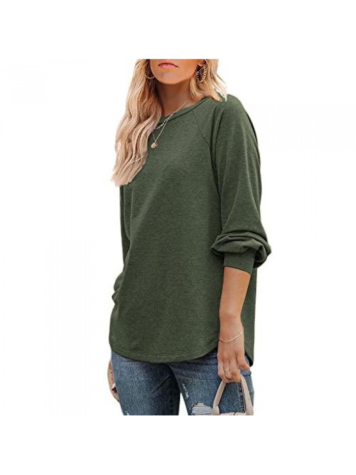 Womens Long Sleeve Tops Casual Loose Crew Neck Sweatshirt Cotton Tunic Shirts Curved Hem Blouses Pullover 