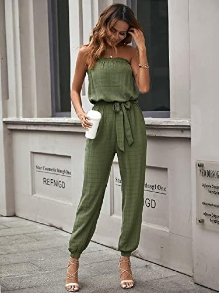 Women's Summer Casual Jumpsuits Off Shoulder Elastic Waist Belted One Piece Beam Foot Long Rompers With Pockets 