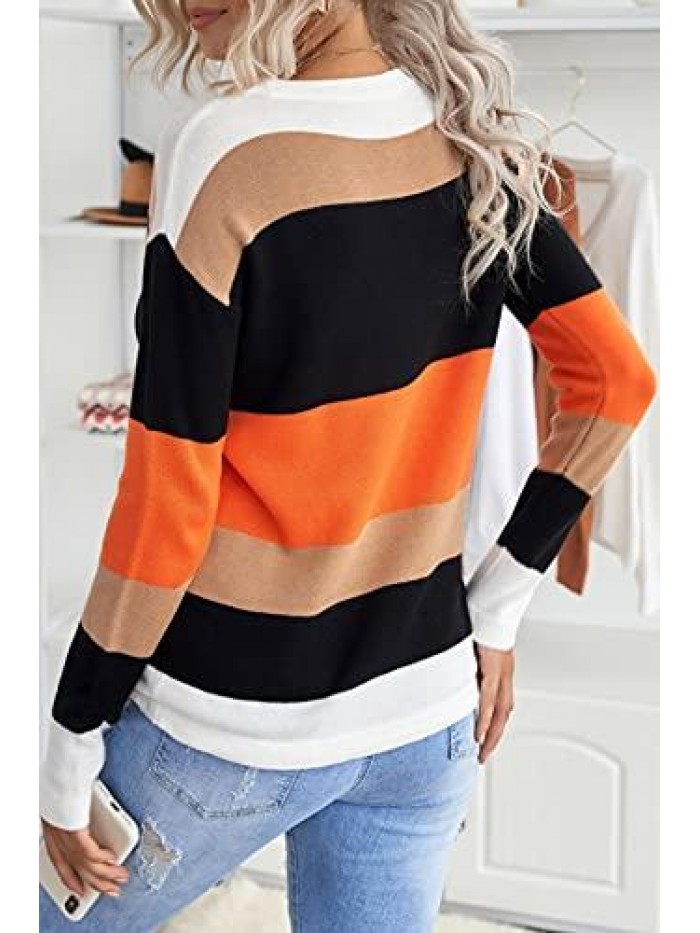 Striped Sweater Women's Round Neck Knitted Long Sleeve Color Block Drawstring Hem Pullover Sweaters 