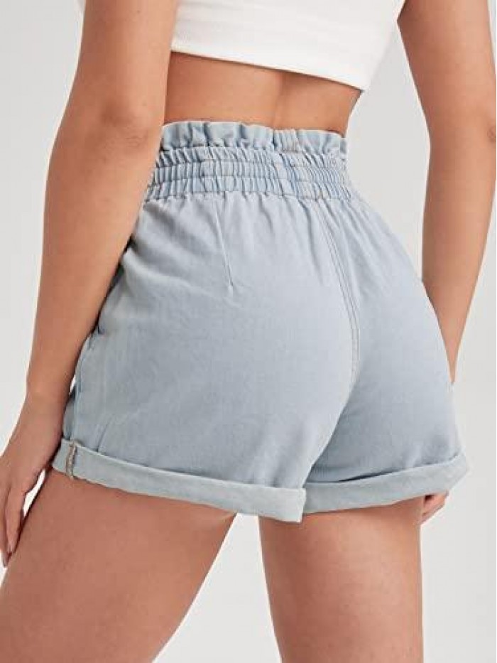 Women's Elastic High Waisted Denim Shorts Rolled Hem Jean Shorts with Pockets 