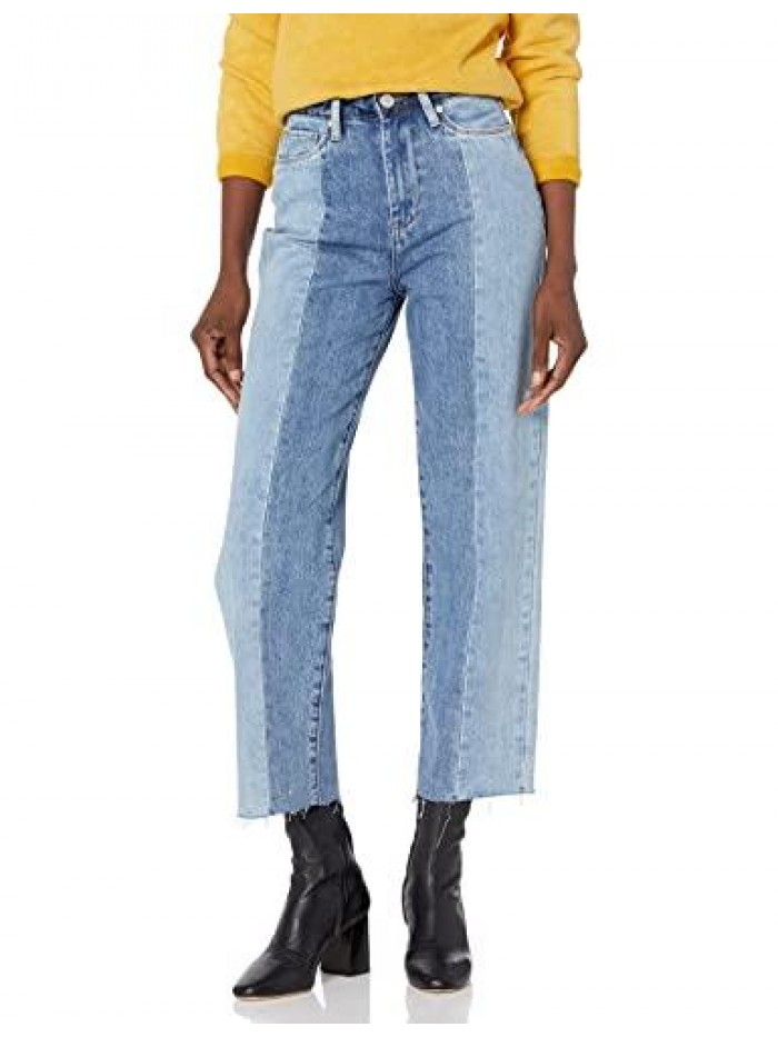 Womens Denim Patchwork Straight Leg Five Pocket Jeans, Stylish Pants & Designer Clothing, Side Lines 