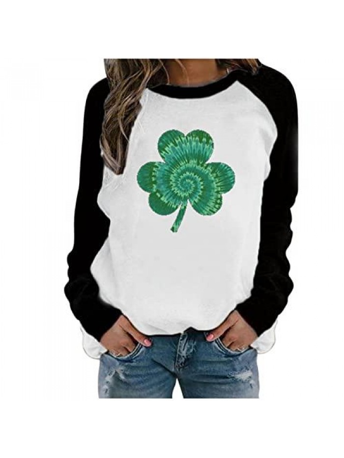 Casual St. Patrick's Day T Shirt Ladies Green O-Neck Jumper Long Sleeves Blouse Shamrock Ireland Clover Tops 