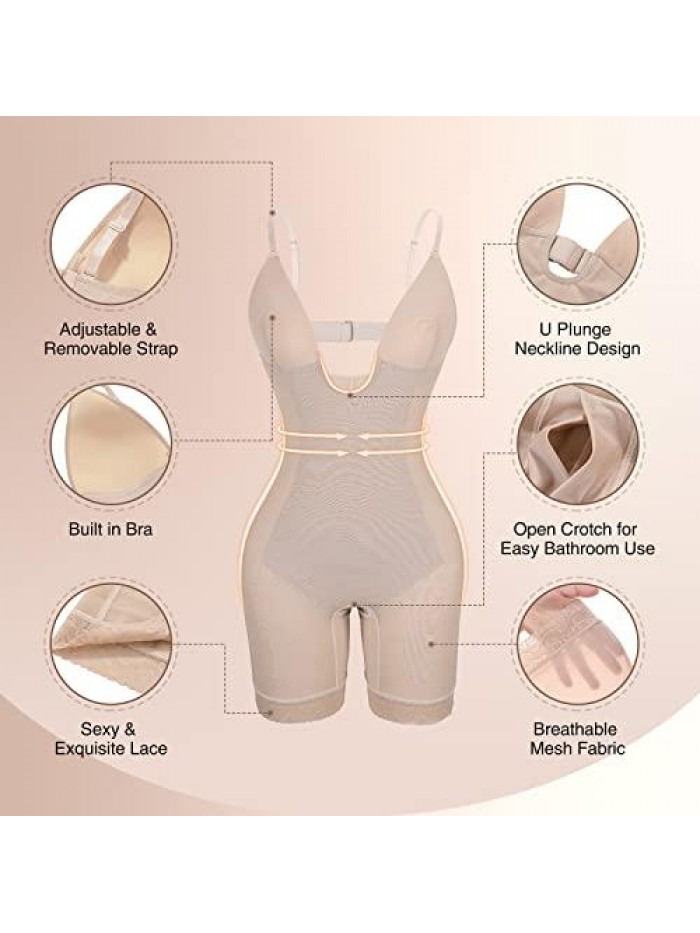 Shapewear for Women Tummy Control Seamless Faja Mesh Built-in Bra Body Shaper with U Plunge 