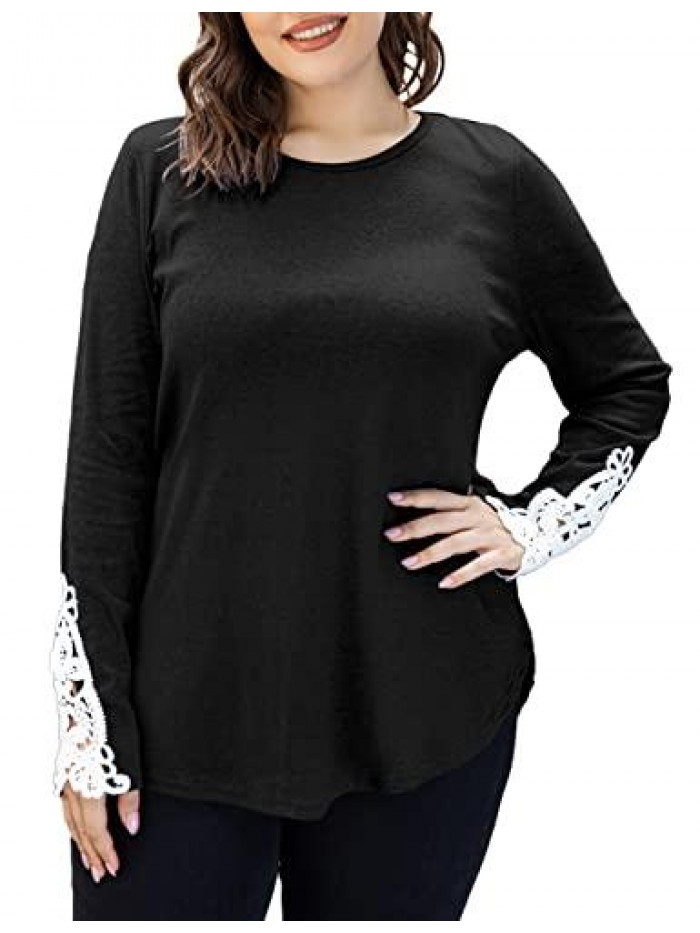 Womens Plus Size Tops Lace Long Sleeve Casual Tunic Shirts Round Neck Blouses M-3X 