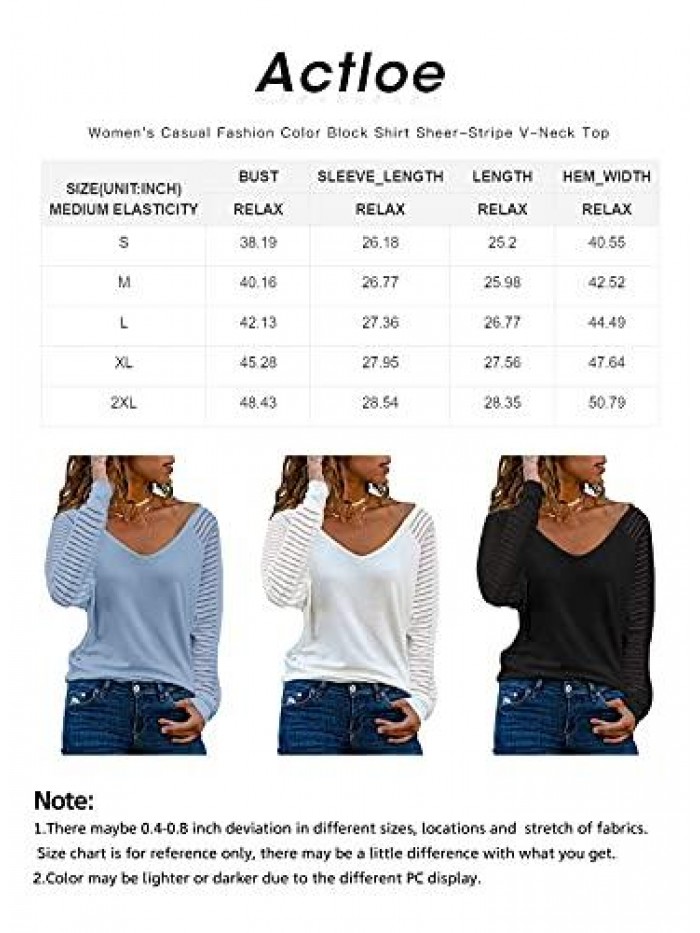 Women's Casual V Neck Tops Long Sleeve Shirts Striped Sheer Mesh Patchwork Blouses and Tops 