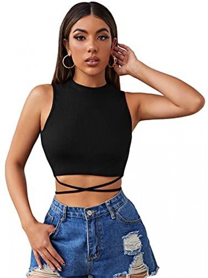 Women's Crisscross Tie Back Crop Top Sleeveless Round Neck Tanks Vest 