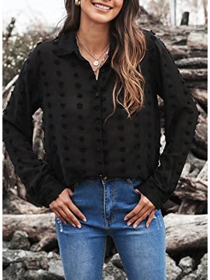 Womens V Neck Chiffon Blouse Pom Pom Long Sleeve Button Shirt Tops 