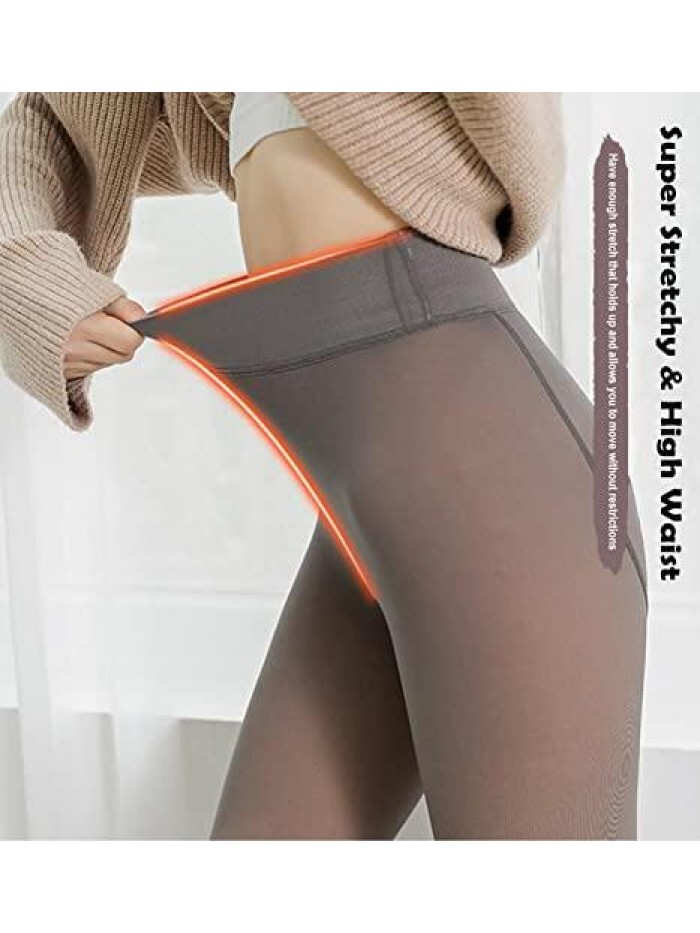 Fleece Lined Tights for Women, High Elastic Warm Thick Fake Translucent Compression Pantyhose Pants Fuzzy Leggings 