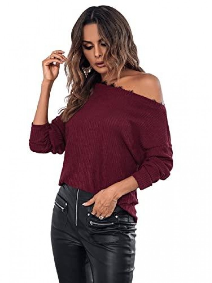 Women's Off Shoulder Knit Jumper Long Sleeve Pullover Loose T Shirt Sweater Tops 