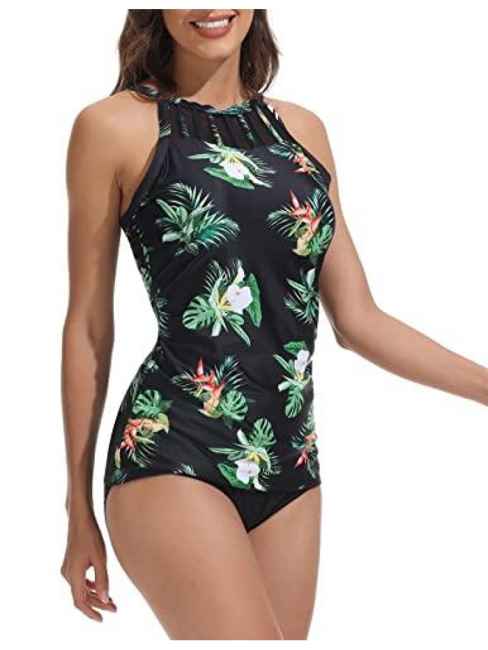 Women's Tankini Swimsuits High Neck Swimwear Top Ruched Tummy Control Floral Print Bathing Suit 