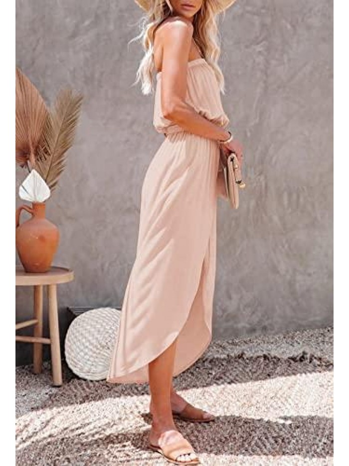 Women's Strapless Tube Top Jumpsuit Slit Wide Leg Pants Romper with Belt 