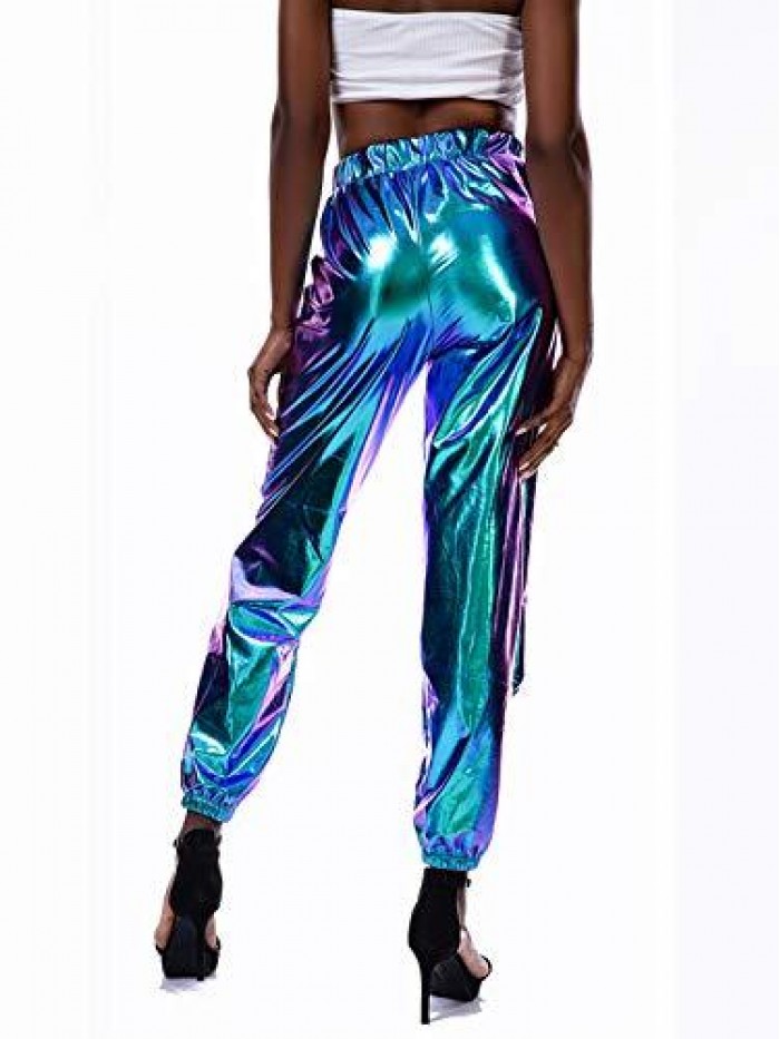 Womens Shiny Metallic High Waist Stretchy Jogger Pants, Wet Look Hip Hop Club Wear Holographic Trousers Sweatpant 