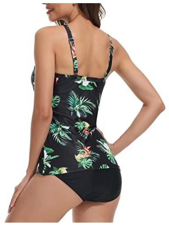 Women's Tankini Swimsuits High Neck Swimwear Top Ruched Tummy Control Floral Print Bathing Suit 