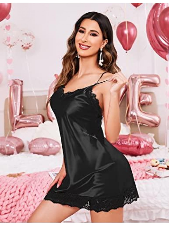 Women Lingerie Satin Lace Sleepwear V Neck Nightgown Chemise Full Slips Mini Teddy 