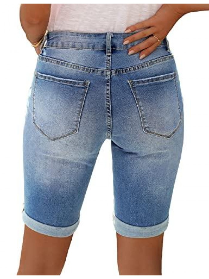 Women's Casual High Waisted Rolled Hem Bermuda Shorts Ripped Denim Jean Shorts 