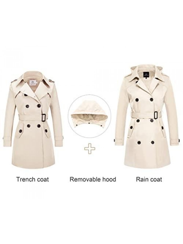 Women's Waterproof Trench Coat Double Breasted Windbreaker Classic Belted Lapel Overcoat with Removable Hood 