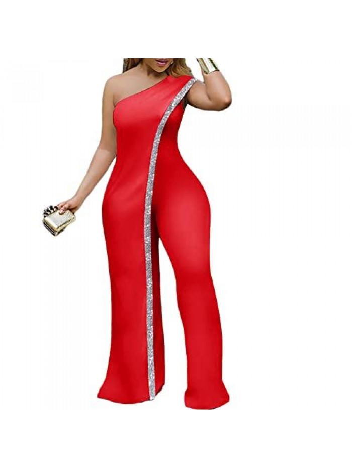 Women's One Shoulder Sequins Irregular Wide Leg Pants Jumpsuit Evening Party Romper Outfit 