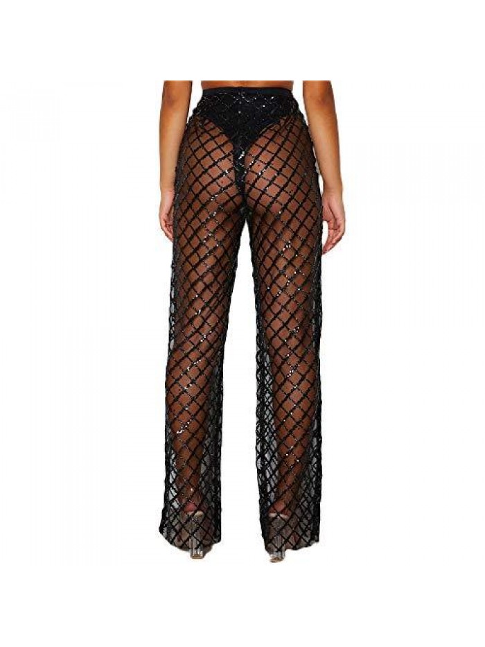 Sexy See Through Fishnet Pants High Waist Sheer Mesh Long Pant Sequins Wide Leg Trousers Sparkly Rave Club wear 