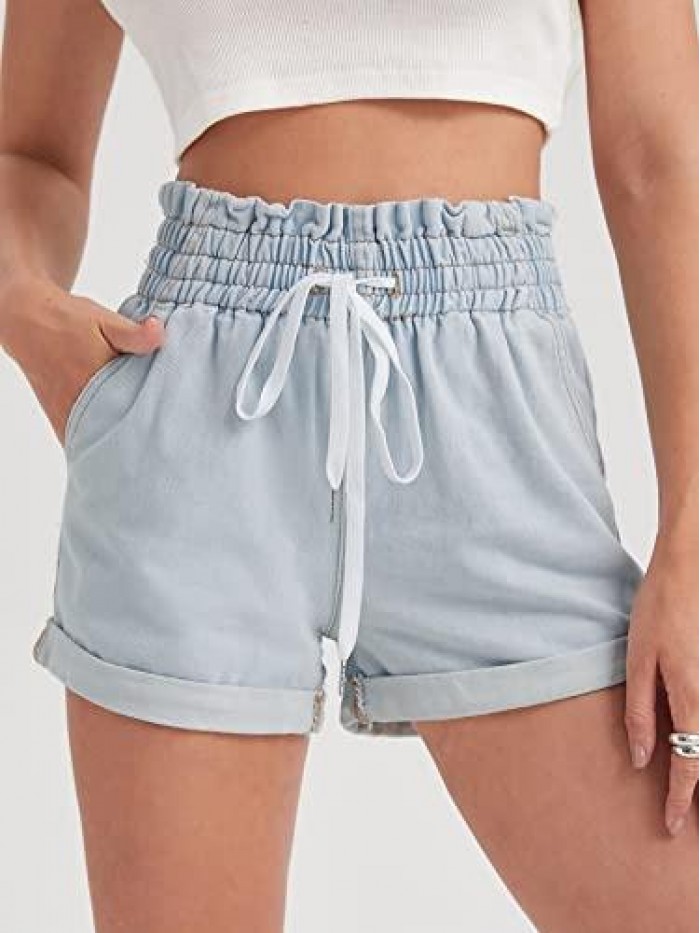 Women's Elastic High Waisted Denim Shorts Rolled Hem Jean Shorts with Pockets 