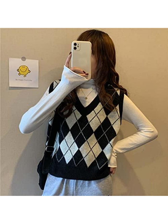 Sleeveless V-Neck Argyle Plaid Knitted Sweater Vest 90s E-Girl Casual Loose Preppy Style Pullover Knitwear Top 