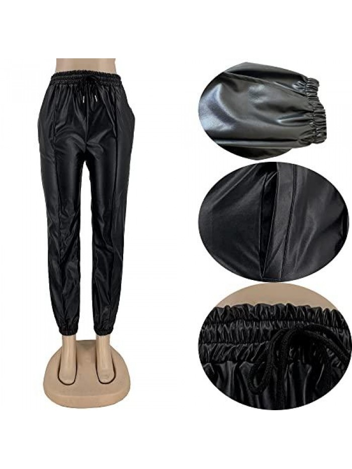 Women's Faux Leather High Waist Joggers Pants with Pockets PU Elastic Waisted Casual Trousers 