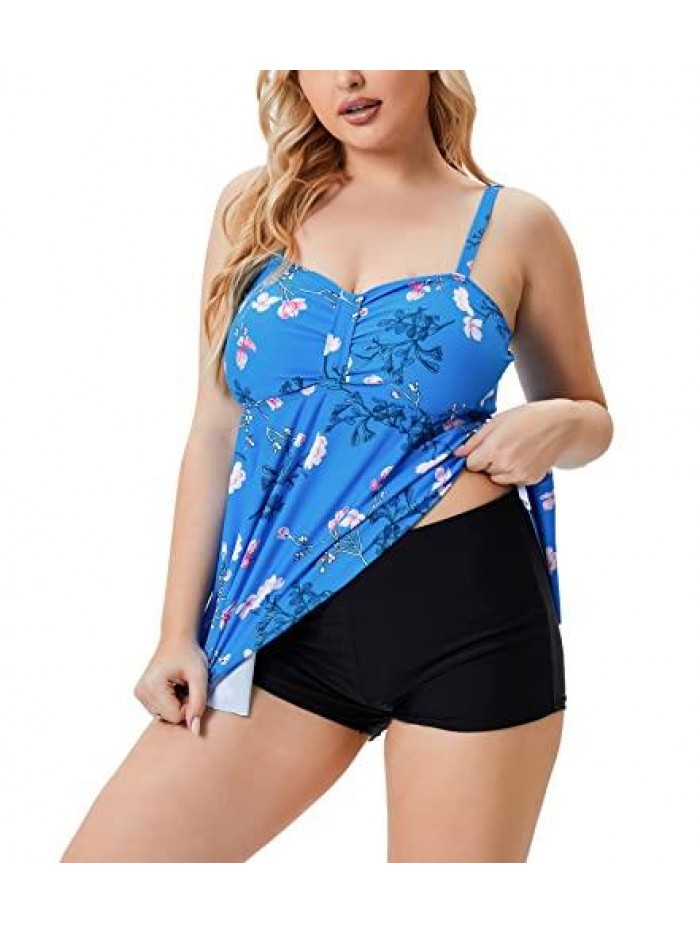 Womens Plus Size Ruched Swimsuit Twist Front Tankini Top Swimwear with Boyshorts Bottom Bathing Suits 