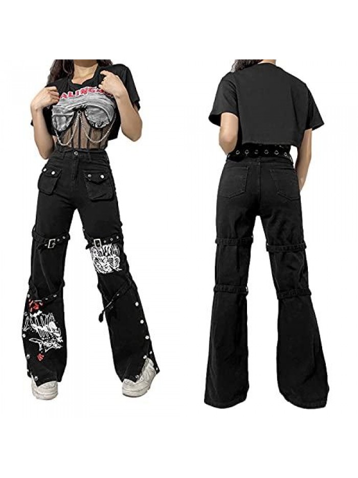 Women Harajuku Goth Pants Wide Leg Low Rise Baggy Pants Grunge Gothic Cargo Pants with Chain Streetwear 