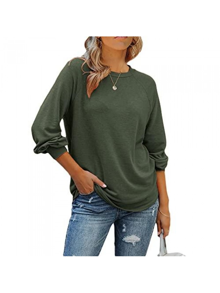 Womens Long Sleeve Tops Casual Loose Crew Neck Sweatshirt Cotton Tunic Shirts Curved Hem Blouses Pullover 