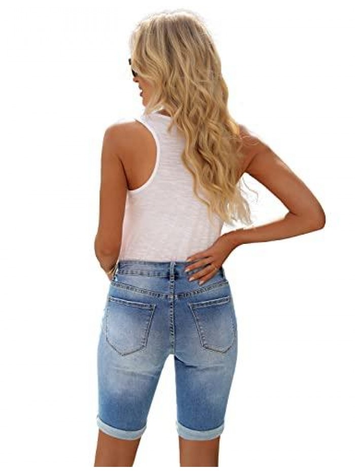 Women's Casual High Waisted Rolled Hem Bermuda Shorts Ripped Denim Jean Shorts 