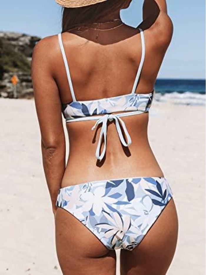 Women's Tropical Cross Triangle Bikini Set V Neck Mid Waist Two Piece Bathing Suit with Fixed Straps 